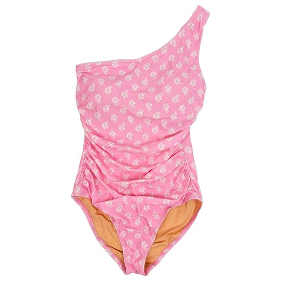J.CREW Printed Ruched One-Shoulder Swimsuit M Tulip Pink White One Piece NWT B5 - Picture 2 of 6